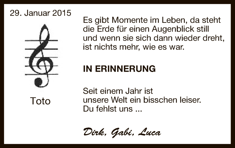  Traueranzeige für Toto  vom 29.01.2016 aus MZV