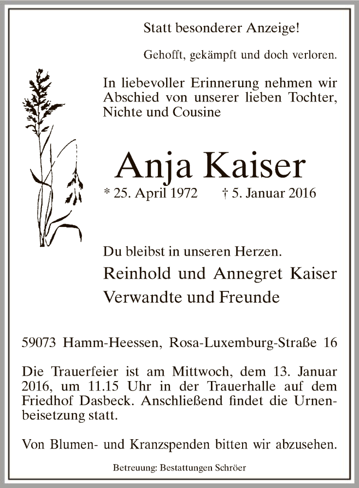  Traueranzeige für Anja Kaiser vom 08.01.2016 aus MZV