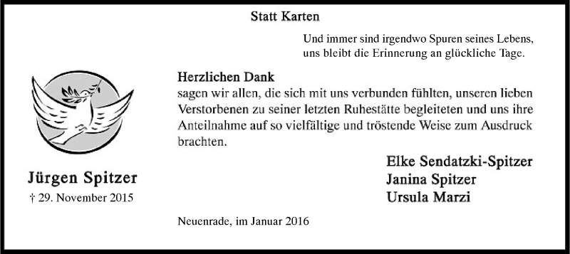  Traueranzeige für Jürgen Spitzer vom 29.01.2016 aus MZV