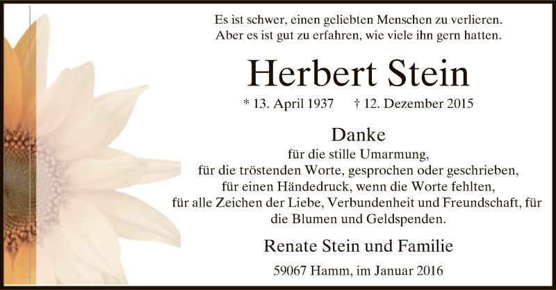  Traueranzeige für Herbert Stein vom 16.01.2016 aus MZV