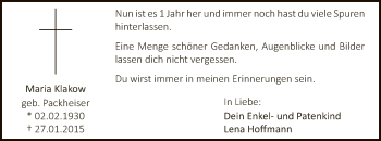 Traueranzeige von Maria Klakow von MZV
