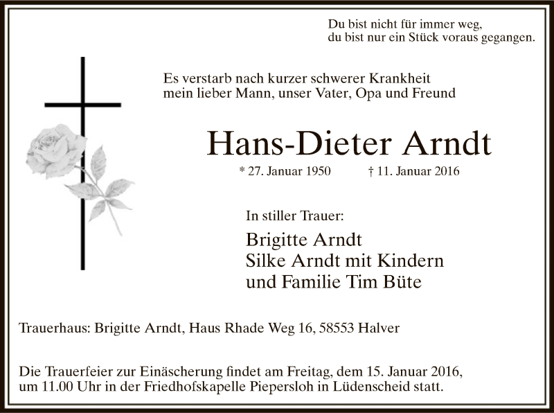  Traueranzeige für Hans-Dieter Arndt vom 13.01.2016 aus MZV