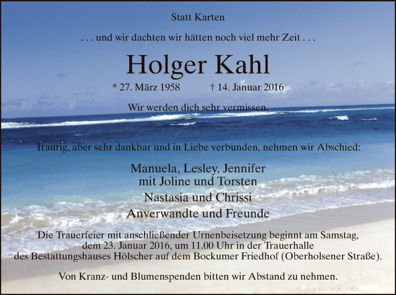  Traueranzeige für Holger Kahl vom 20.01.2016 aus MZV