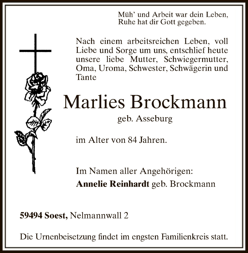  Traueranzeige für Marlies Brockmann vom 19.01.2016 aus MZV