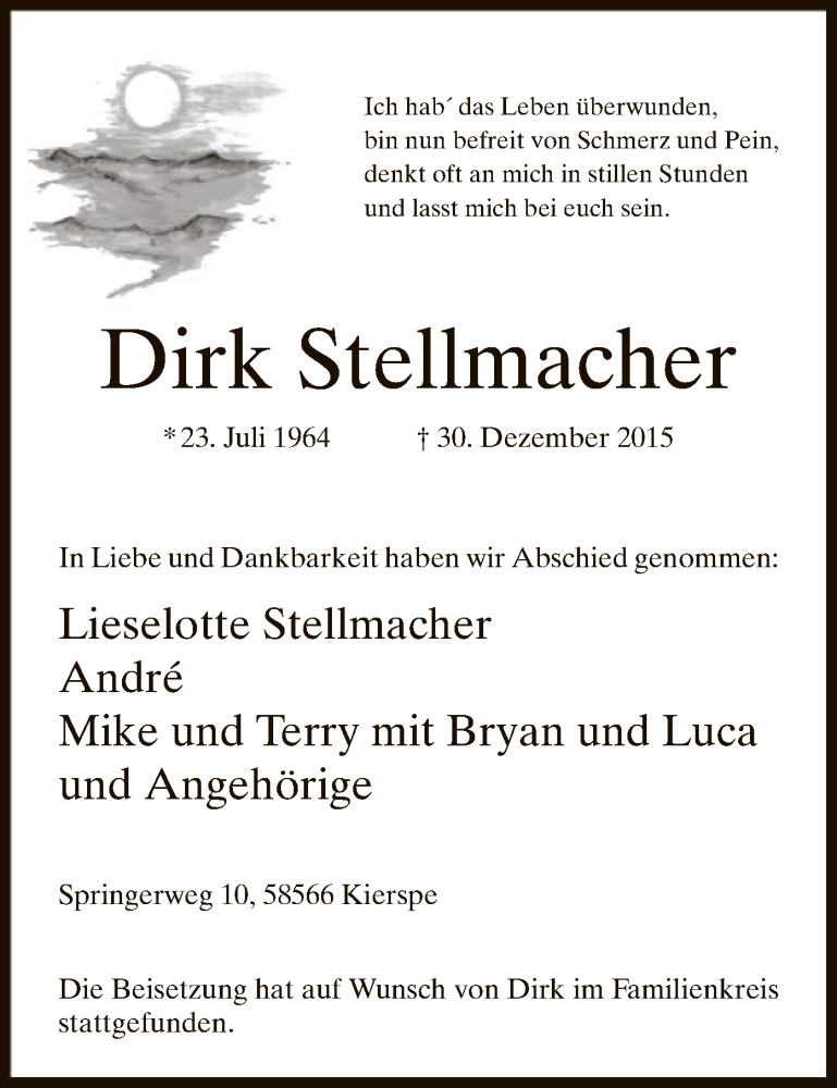  Traueranzeige für Dirk Stellmacher vom 09.01.2016 aus MZV