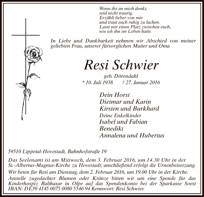  Traueranzeige für Resi Schwier vom 29.01.2016 aus MZV
