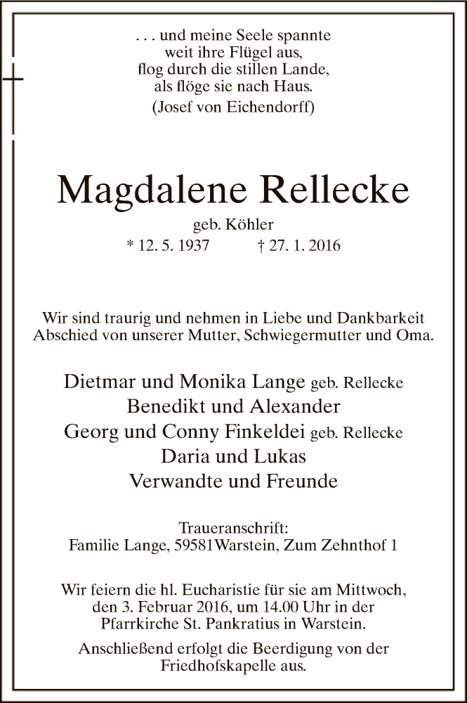  Traueranzeige für Magdalene Rellecke vom 29.01.2016 aus MZV
