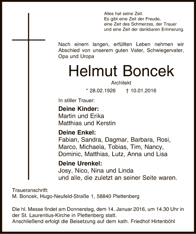 Traueranzeige für Helmut Boncek vom 13.01.2016 aus MZV