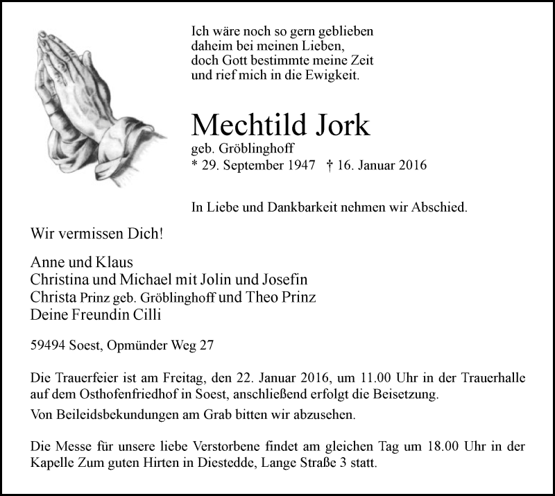  Traueranzeige für Mechtild Jork vom 19.01.2016 aus MZV