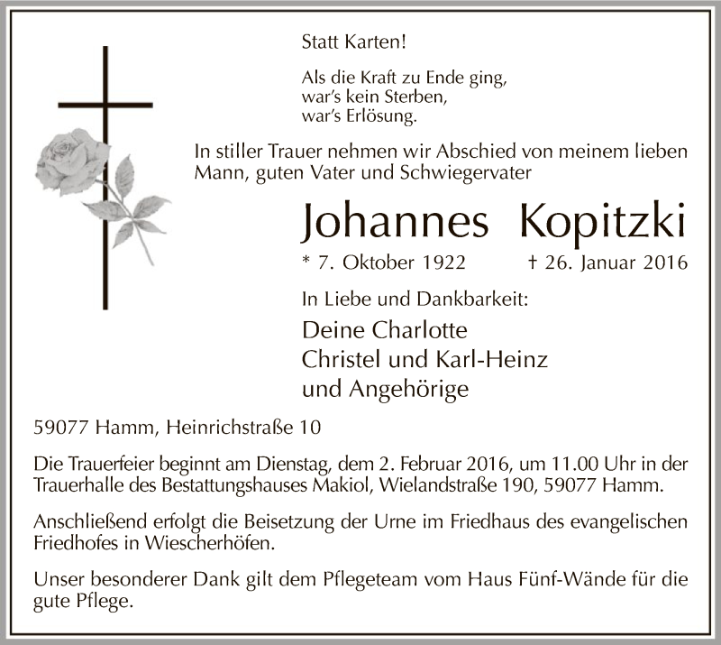  Traueranzeige für Johannes Kopitzki vom 28.01.2016 aus MZV