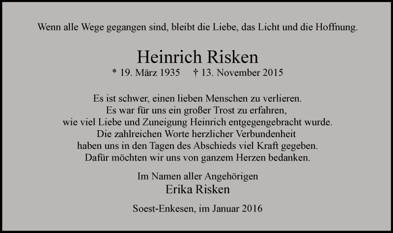  Traueranzeige für Heinrich Risken vom 04.01.2016 aus MZV