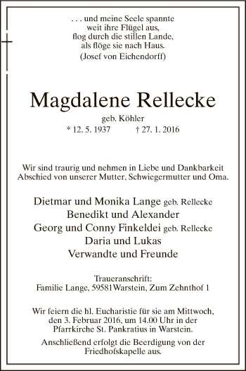 Traueranzeige von Magdalene Rellecke von MZV