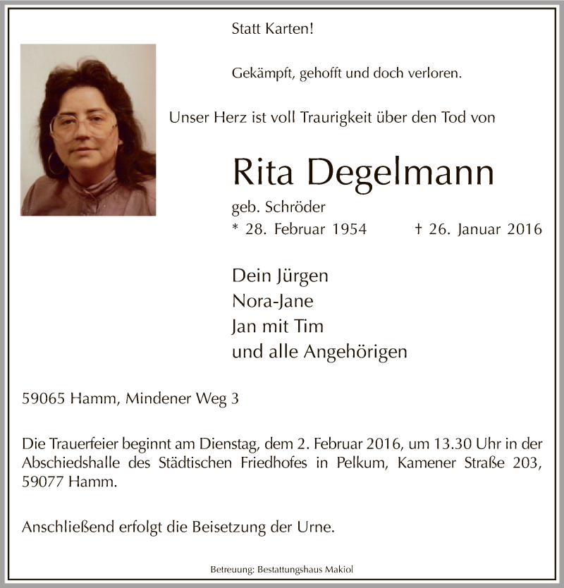  Traueranzeige für Rita Degelmann vom 30.01.2016 aus MZV
