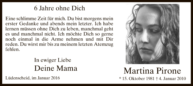  Traueranzeige für Martina Pirone vom 04.01.2016 aus MZV