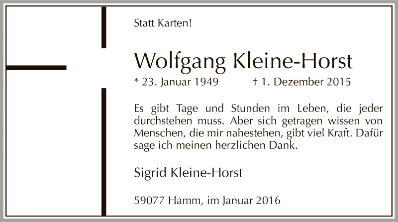  Traueranzeige für Wolfgang Kleine-Horst vom 09.01.2016 aus MZV
