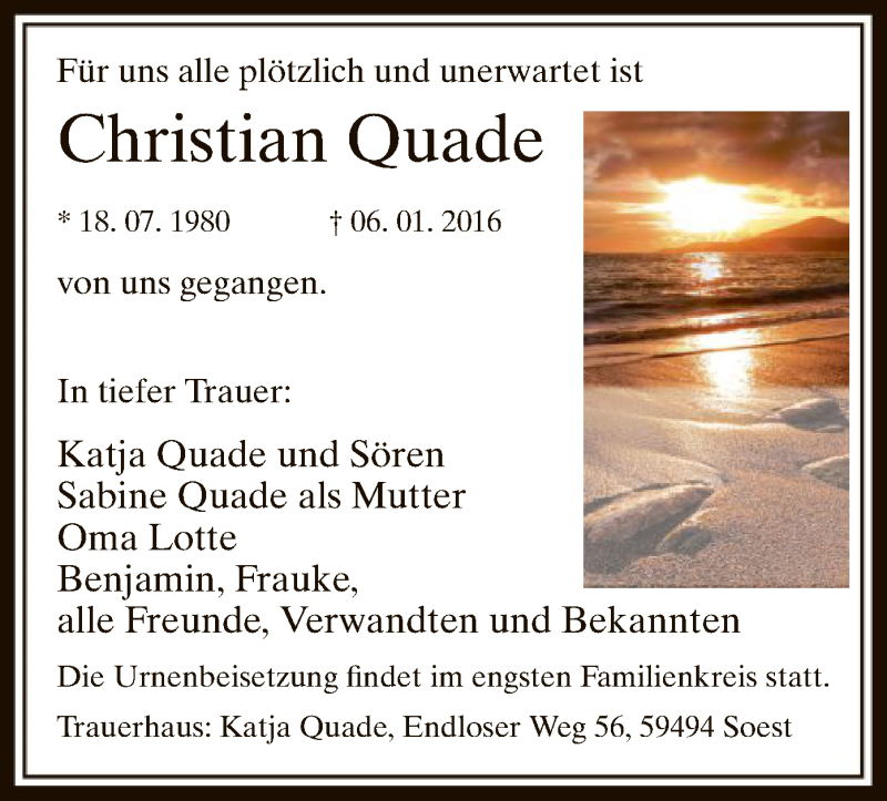  Traueranzeige für Christian Quade vom 09.01.2016 aus MZV