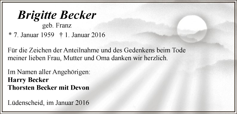  Traueranzeige für Brigitte Becker vom 29.01.2016 aus MZV