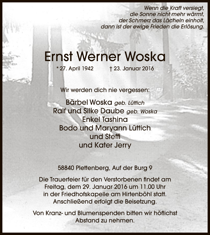  Traueranzeige für Ernst Werner Woska vom 27.01.2016 aus MZV
