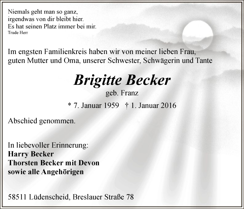  Traueranzeige für Brigitte Becker vom 08.01.2016 aus MZV