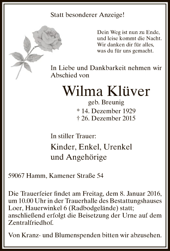  Traueranzeige für Wilma Klüver vom 06.01.2016 aus MZV