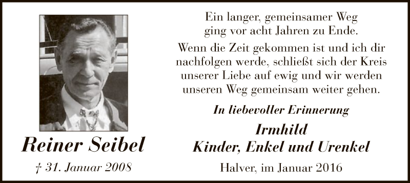  Traueranzeige für Reiner Seibel vom 30.01.2016 aus MZV
