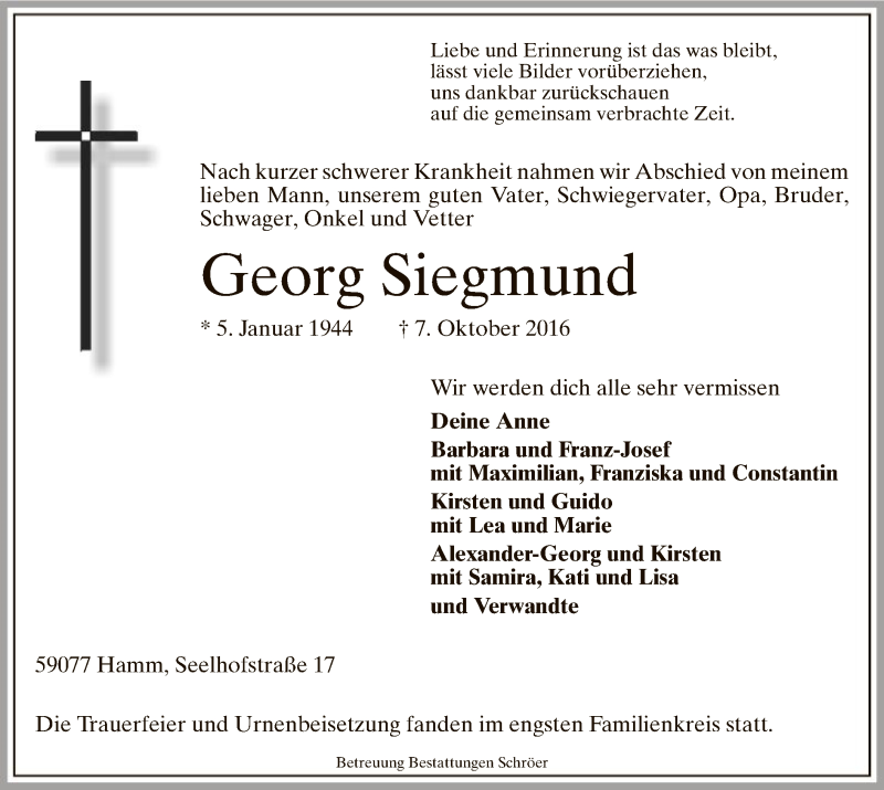  Traueranzeige für Georg Siegmund vom 15.10.2016 aus MZV