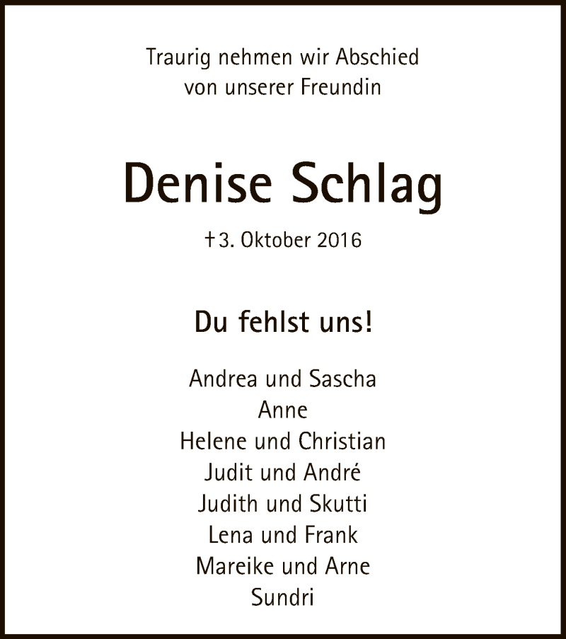  Traueranzeige für Denise Schlag vom 07.10.2016 aus MZV