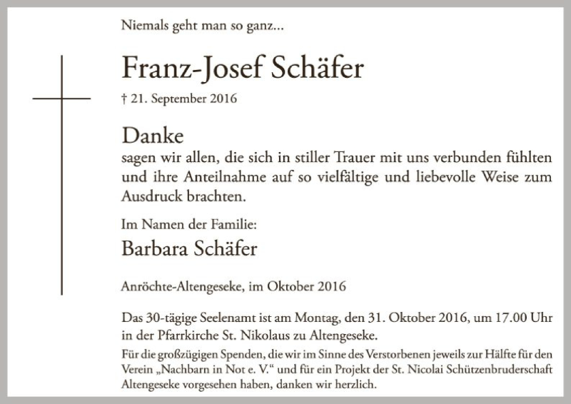  Traueranzeige für Franz-Josef Schäfer vom 25.10.2016 aus MZV