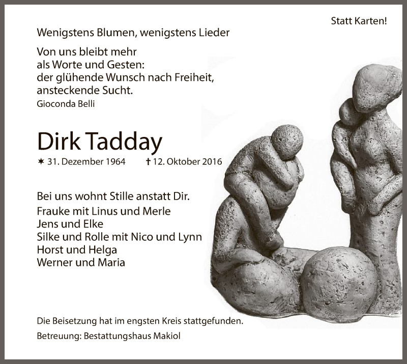 Traueranzeige für Dirk Tadday vom 22.10.2016 aus MZV