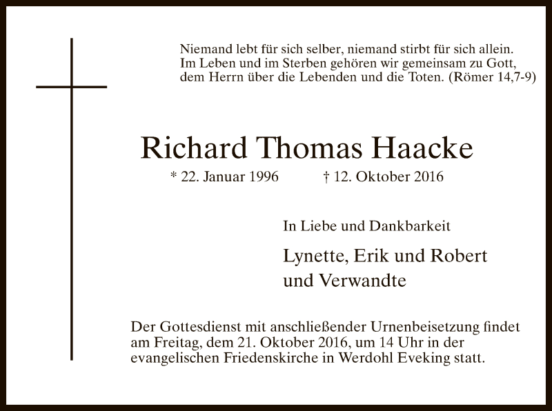  Traueranzeige für Richard Thomas Haacke vom 19.10.2016 aus MZV