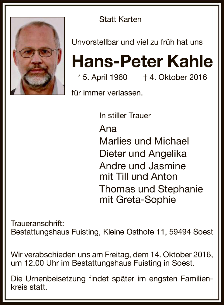  Traueranzeige für Hans-Peter Kahle vom 12.10.2016 aus MZV