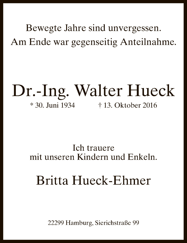  Traueranzeige für Walter Hueck vom 21.10.2016 aus MZV