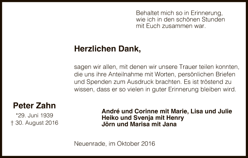  Traueranzeige für Peter Zahn vom 15.10.2016 aus MZV