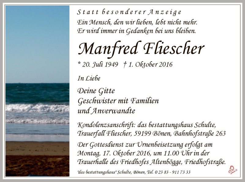  Traueranzeige für Manfred Fliescher vom 08.10.2016 aus MZV
