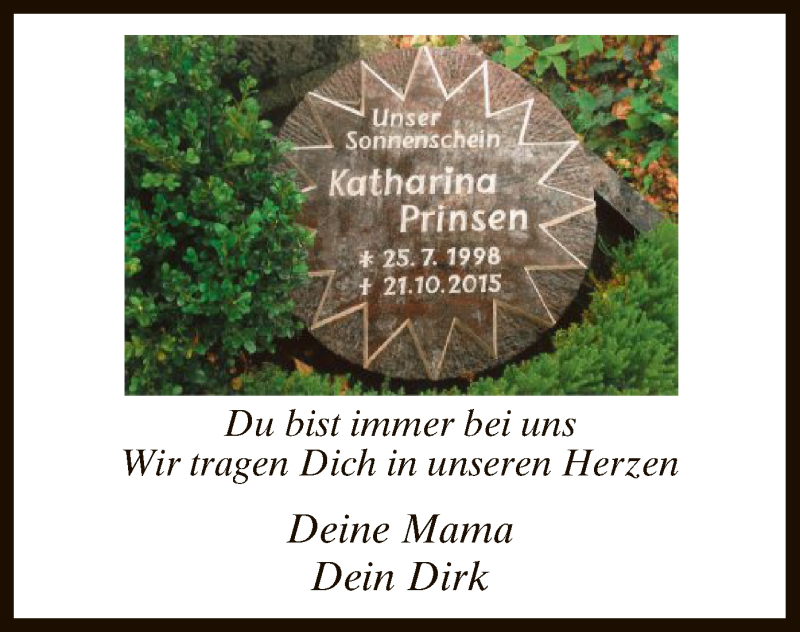 Traueranzeige für Katharina Prinsen vom 21.10.2016 aus MZV