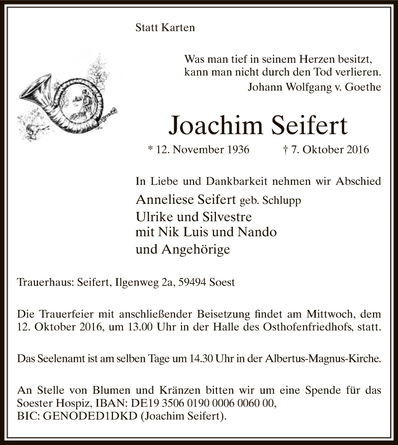  Traueranzeige für Joachim Seifert vom 08.10.2016 aus MZV