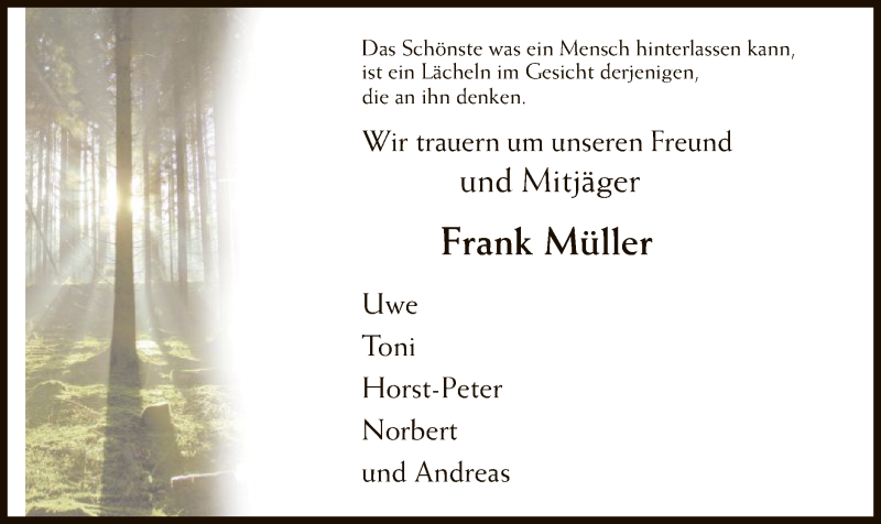  Traueranzeige für Frank Müller vom 06.10.2016 aus MZV