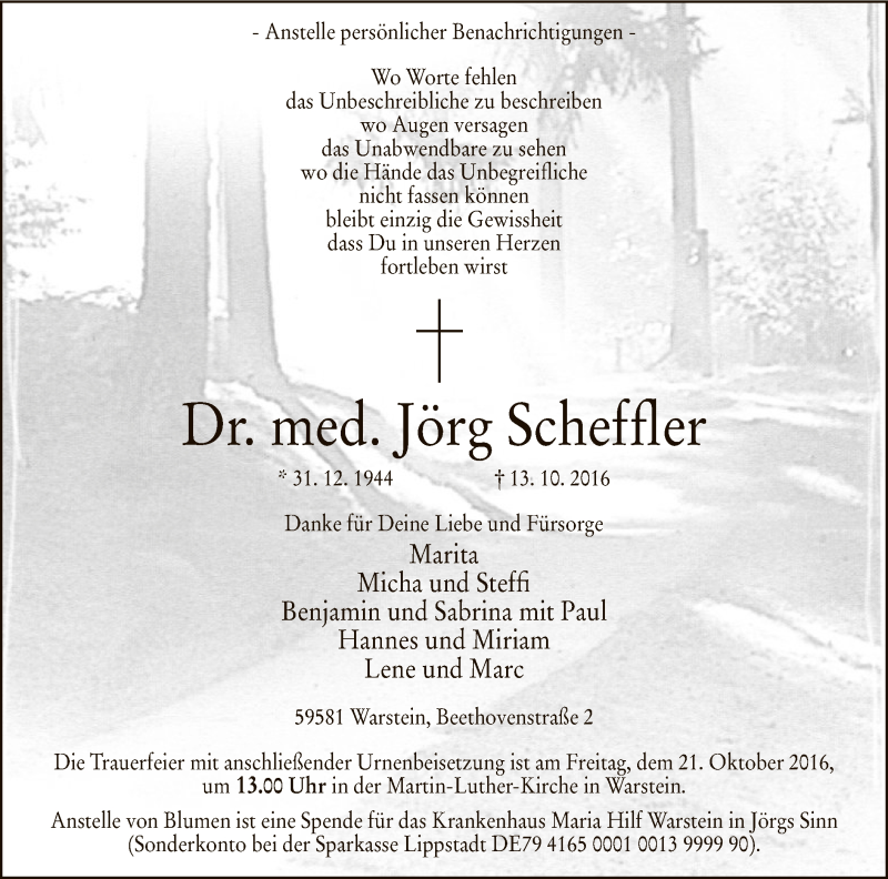  Traueranzeige für Jörg Scheffler vom 15.10.2016 aus MZV