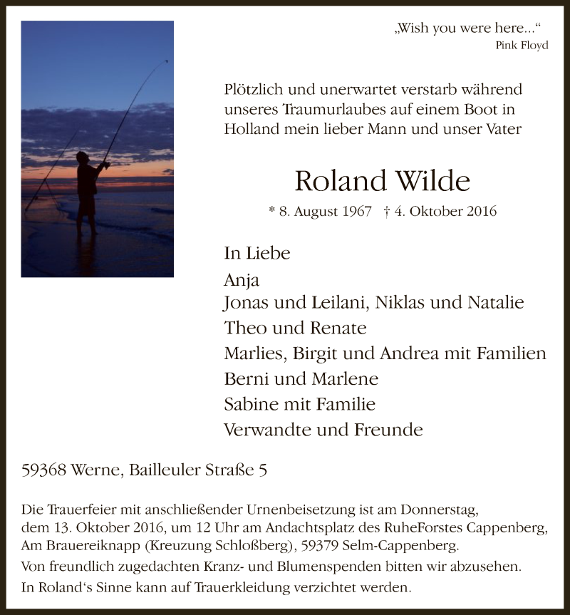  Traueranzeige für Roland Wilde vom 08.10.2016 aus MZV