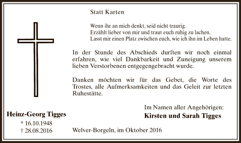  Traueranzeige für Heinz-Georg Tigges vom 28.10.2016 aus MZV