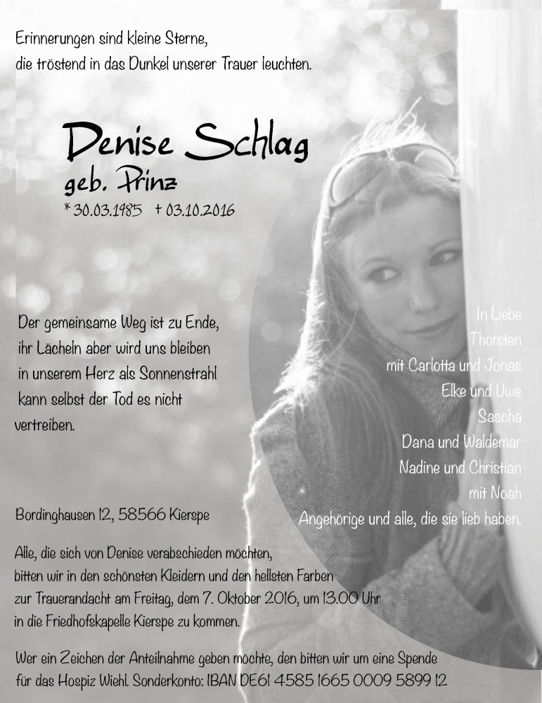  Traueranzeige für Denise Schlag vom 05.10.2016 aus MZV