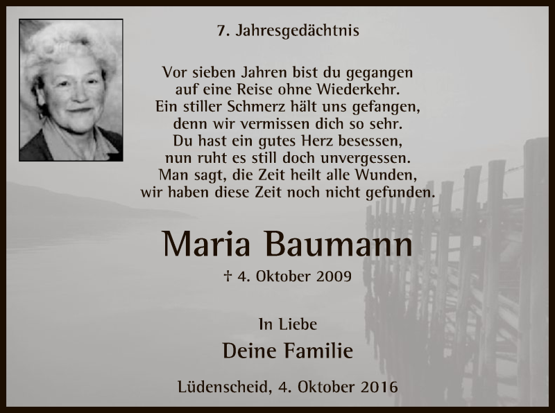  Traueranzeige für Maria Baumann vom 04.10.2016 aus MZV