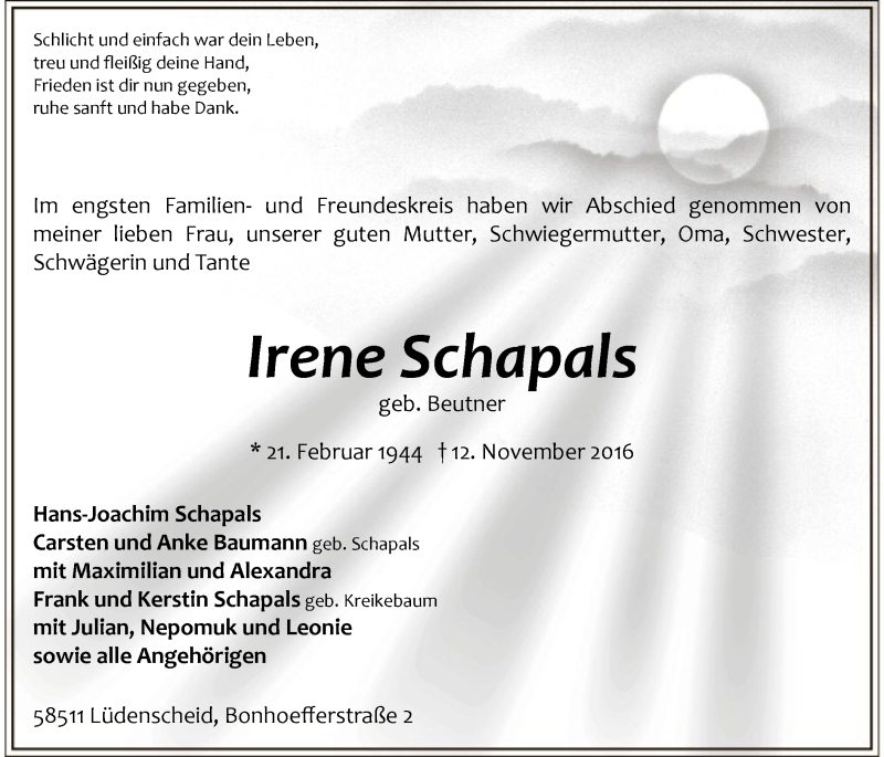  Traueranzeige für Irene Schapals vom 22.11.2016 aus MZV