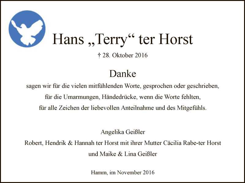  Traueranzeige für Hans ter Horst vom 26.11.2016 aus MZV