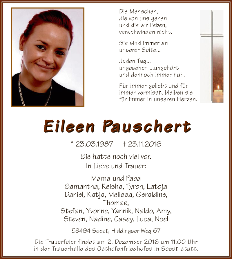  Traueranzeige für Eileen Pauschert vom 28.11.2016 aus MZV