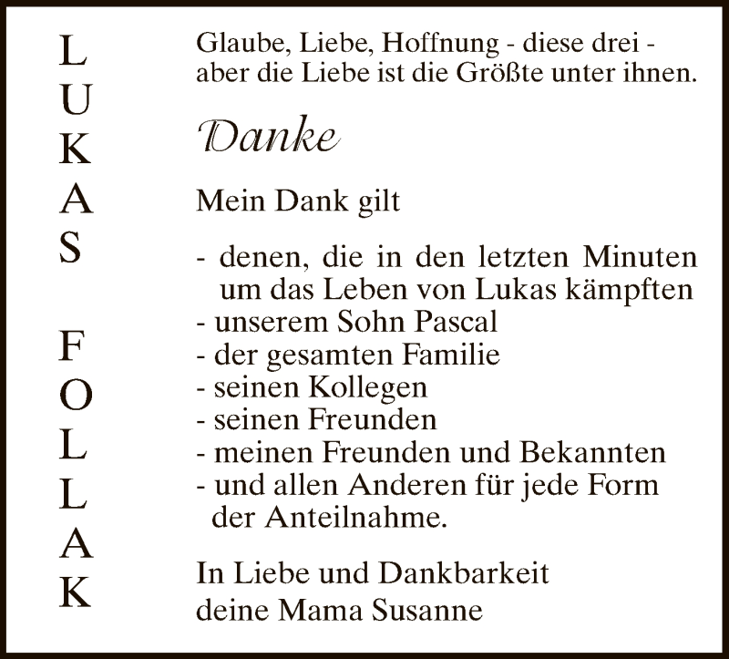  Traueranzeige für Lukas Follak vom 23.11.2016 aus MZV