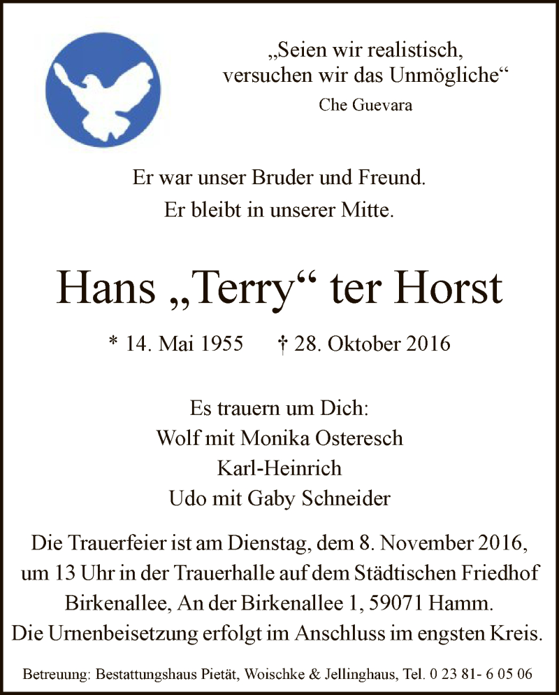  Traueranzeige für Hans ter Horst vom 03.11.2016 aus MZV
