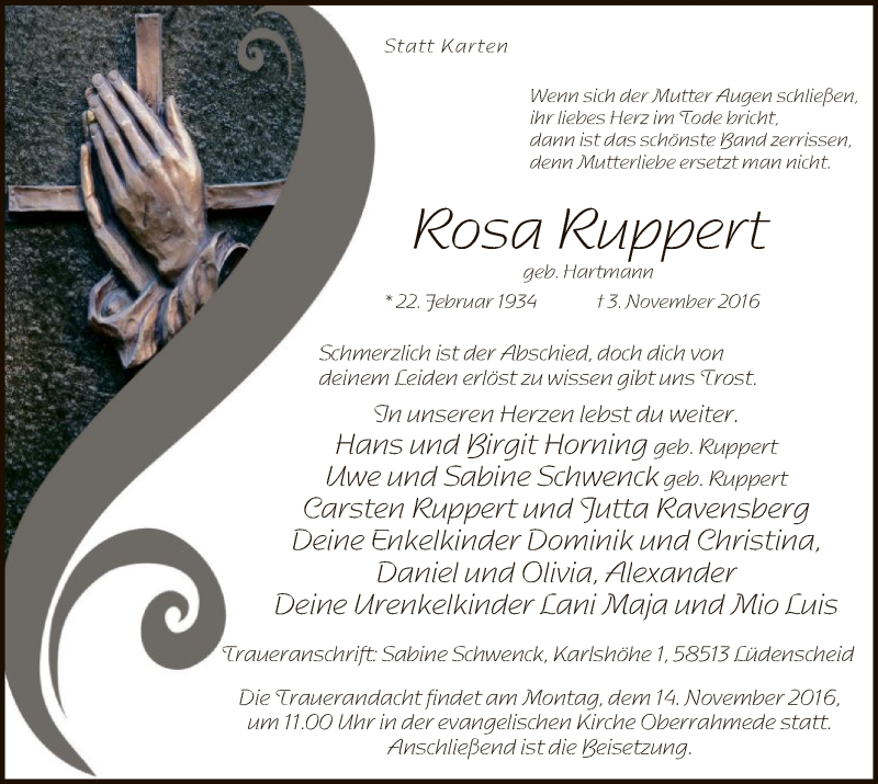  Traueranzeige für Rosa Ruppert vom 09.11.2016 aus MZV