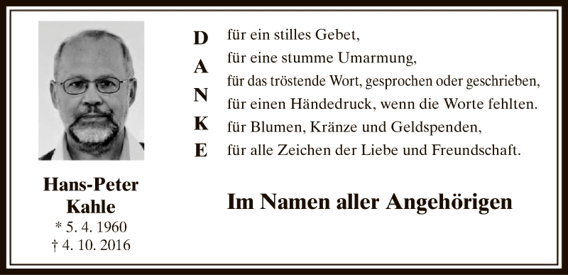  Traueranzeige für Hans-Peter Kahle vom 05.11.2016 aus MZV