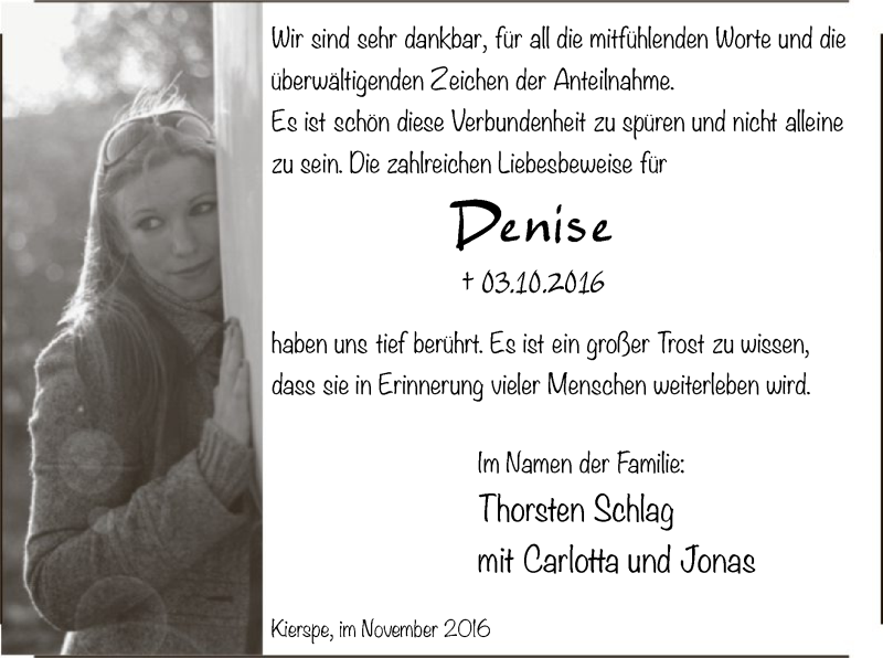  Traueranzeige für Denise Schlag vom 26.11.2016 aus MZV